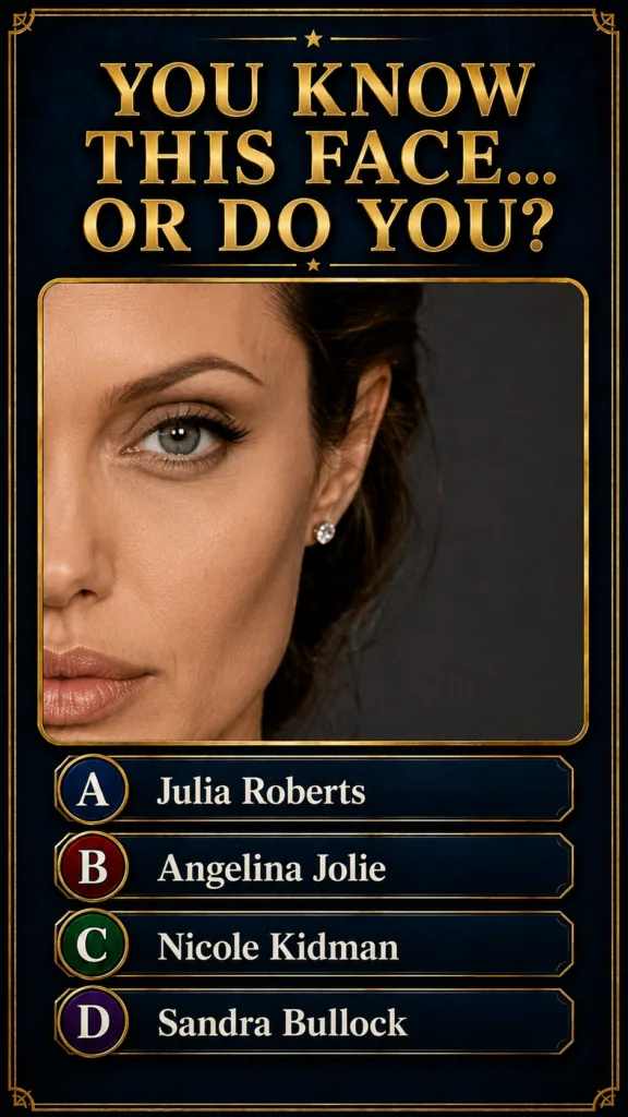 A trivia quiz layout featuring a close-up of Angelina Jolie s right eye cheek and lips framed in an ornate gold border T