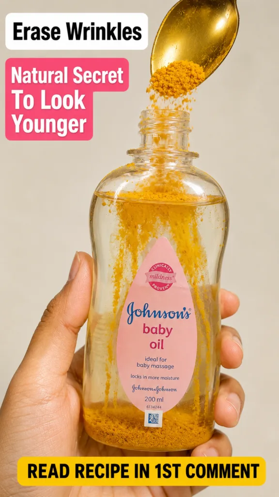 A hand holding a clear bottle of Johnson s baby oil with a golden spoon pouring vibrant yellow granular powder into it S