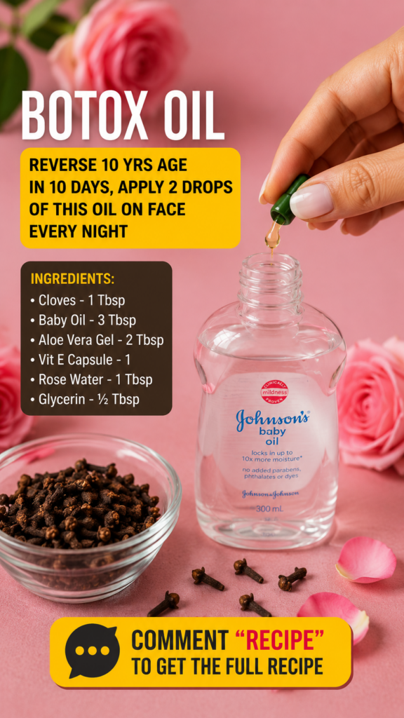 A flat lay of ingredients for DIY Botox Oil including a hand dropping oil from a dropper into a baby oil bottle surround