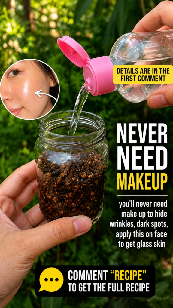 Person s hands pouring liquid into a glass jar filled with cloves with an inset of a woman s smooth glass skin cheek