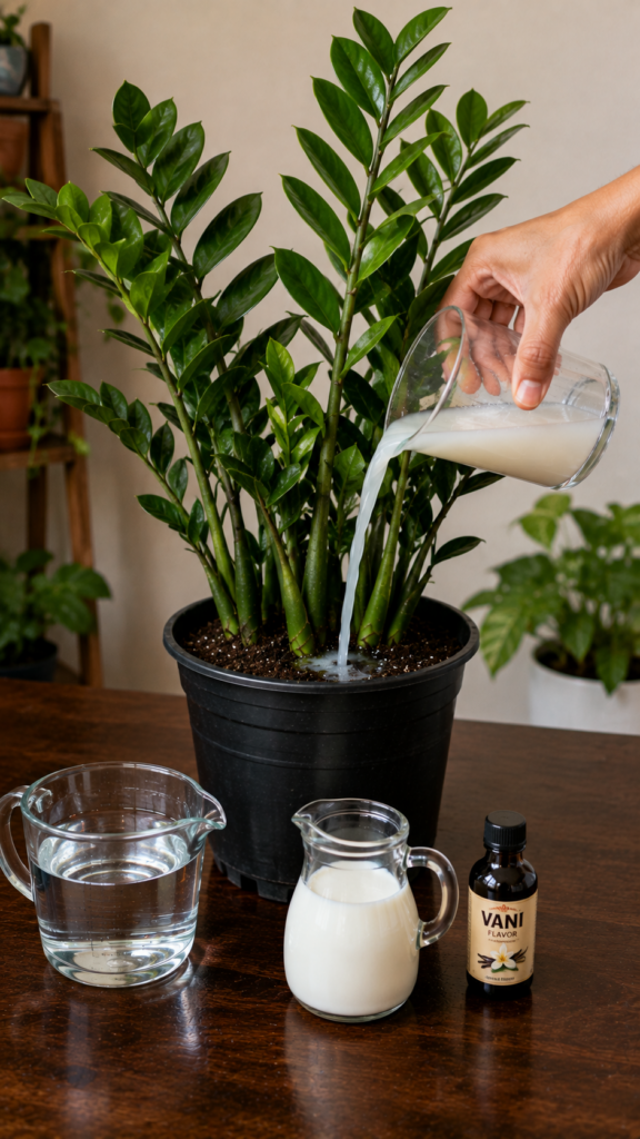A person s hand pouring a milky liquid from a clear glass into a potted ZZ plant with a measuring cup of water a small p