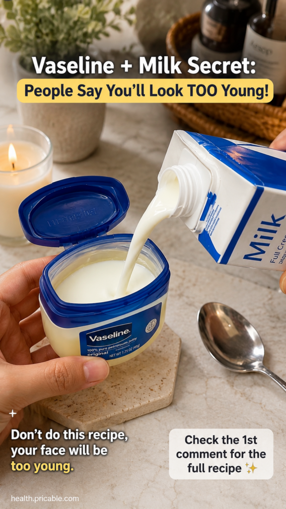 A hand pouring milk from a carton into a small tub of Vaseline petroleum jelly with a lit candle and potted plant softly