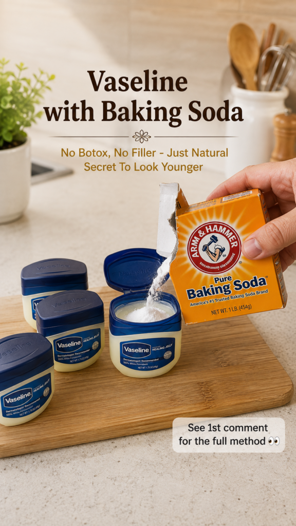 A close-up shot of a hand gently pouring baking soda from a box into an open tub of Vaseline Several closed Vaseline tub