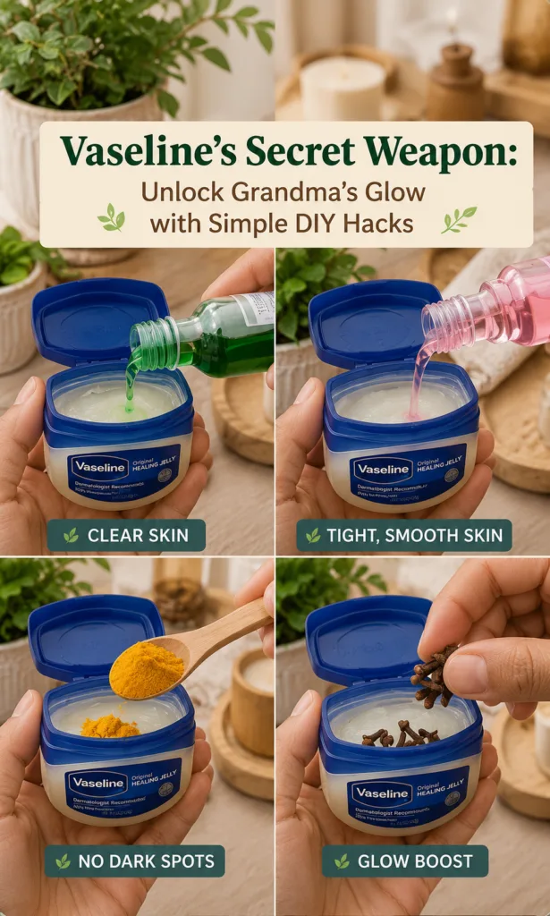 A four-panel collage demonstrating DIY beauty hacks using Vaseline Healing Jelly Each panel shows hands adding a differe
