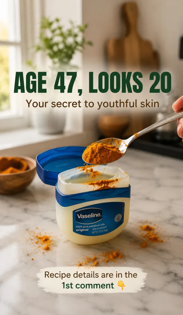 A tub of Vaseline petroleum jelly on a marble countertop with a spoon holding turmeric powder poised above it A hand hol