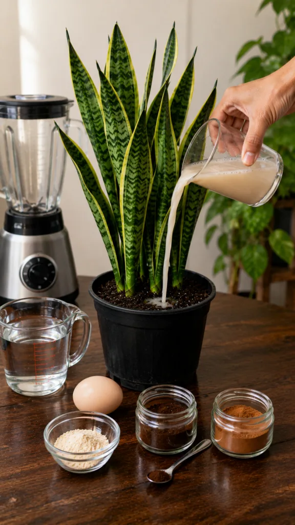 A person s hand pouring a milky homemade plant tonic into the soil of a potted snake plant On a wooden table ingredients
