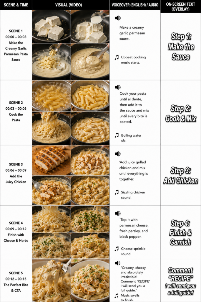 A five-step recipe infographic table for Creamy Garlic Parmesan Pasta It shows distinct columns for visual steps small s