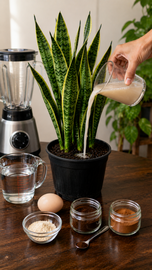 A hand pouring a light-colored liquid from a glass into the soil of a potted snake plant Around the plant on a wooden ta
