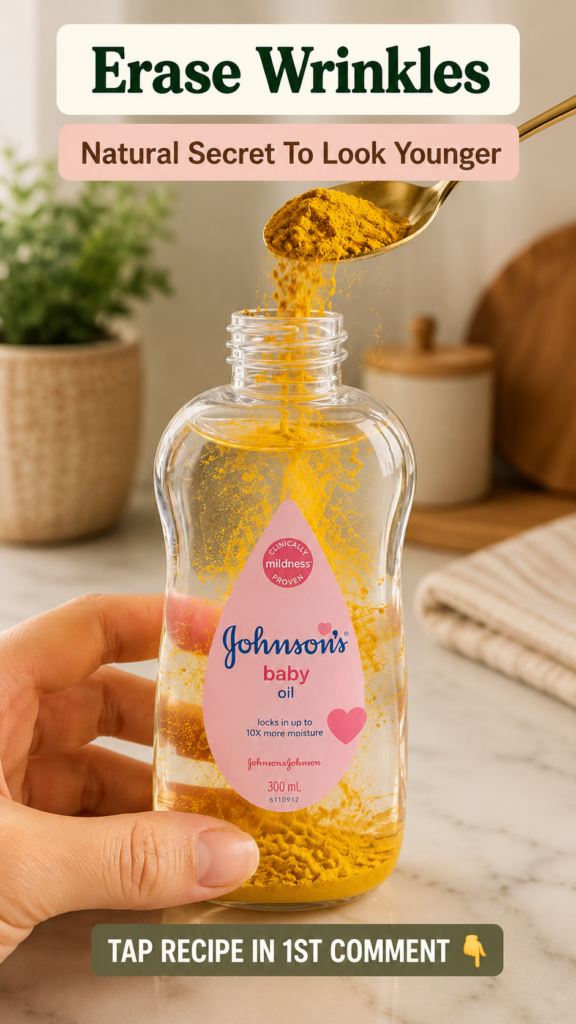 A hand holding a clear bottle of Johnson s baby oil with a golden spoon pouring vibrant yellow turmeric powder into it T