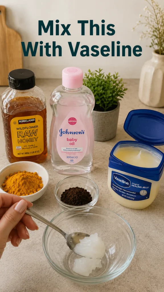 An overhead shot of ingredients for a DIY beauty recipe a hand holding a spoon with Vaseline over a mixing bowl a jar of