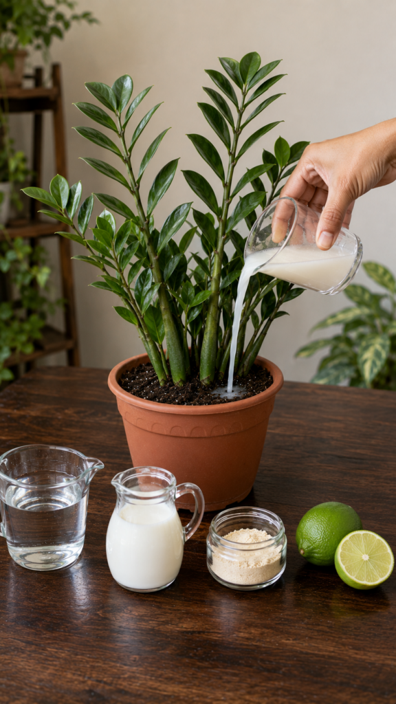 A hand pouring a milky liquid into a potted ZZ plant with ingredients like water milk sugar and fresh lime on a wooden t