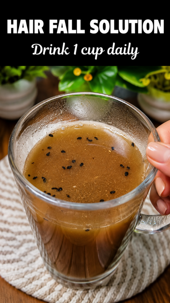 A hand holding a clear glass mug with a brownish herbal liquid and black seeds floating on top The mug is on a textured
