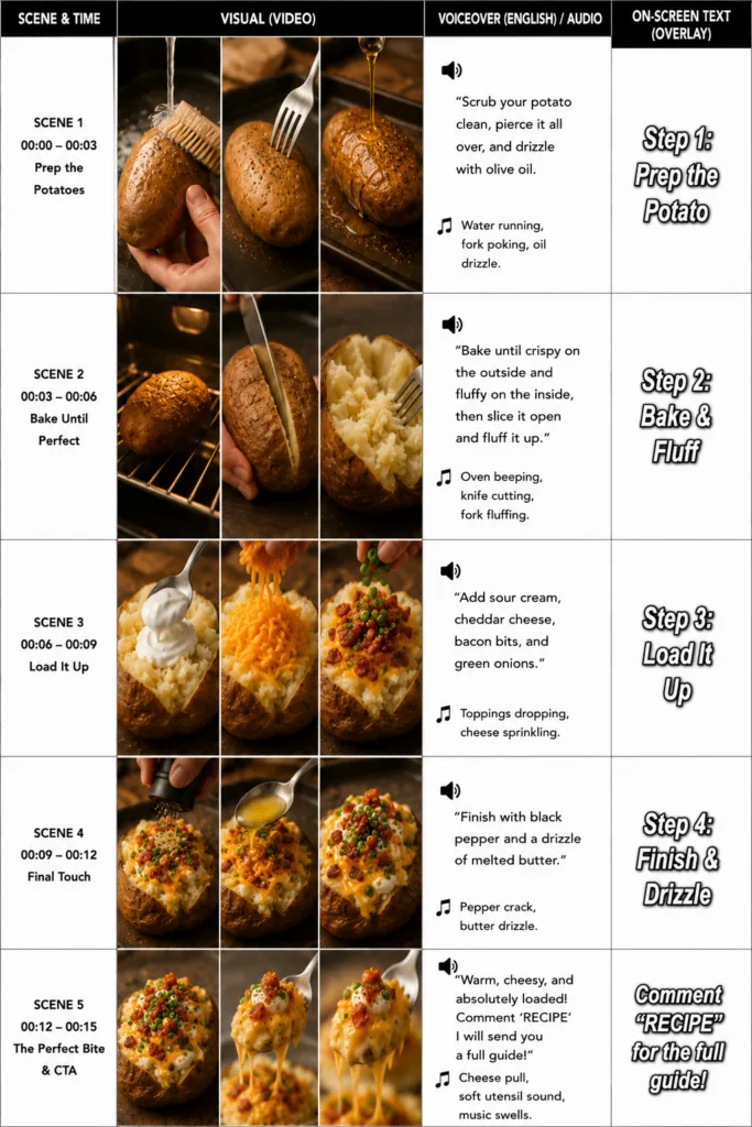 A loaded baked potato with melted vegan cheese vegan bacon bits and chives being lifted with a fork showing a cheese pul