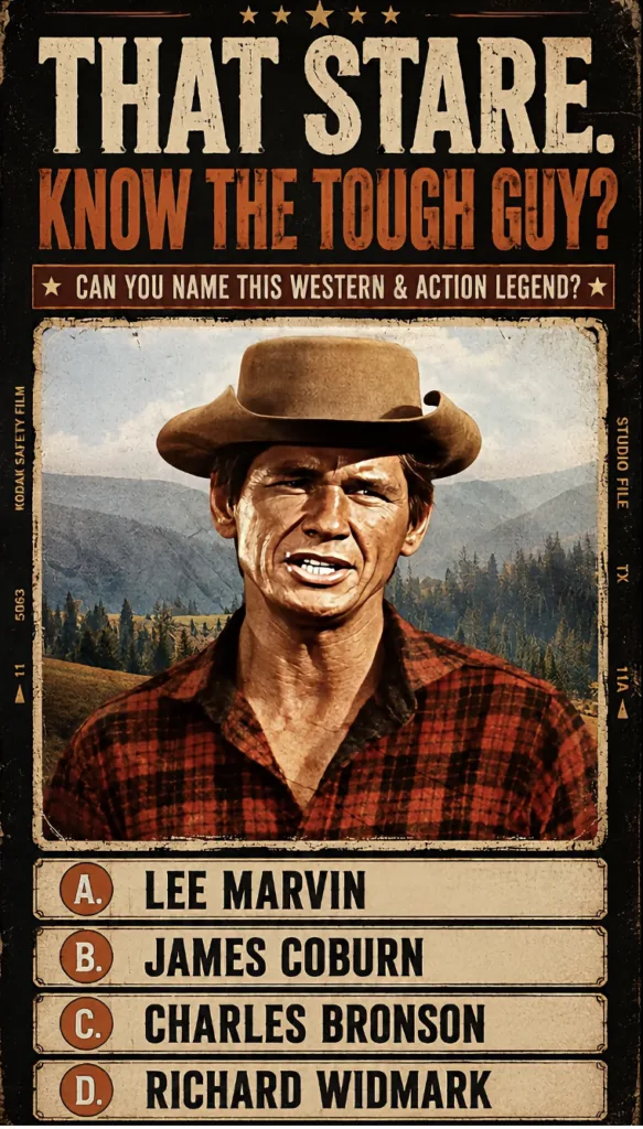 A vintage-style movie poster or print designed as a quiz to identify Charles Bronson It features his rugged face in a co