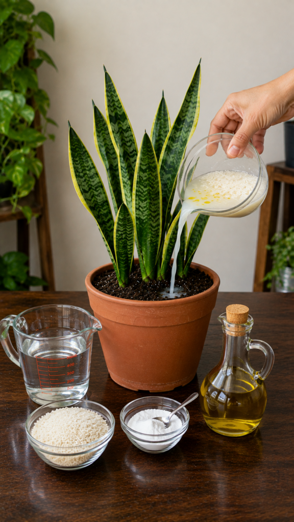 A hand pouring a milky liquid rice water from a clear glass bowl onto the soil of a vibrant snake plant in a terracotta 