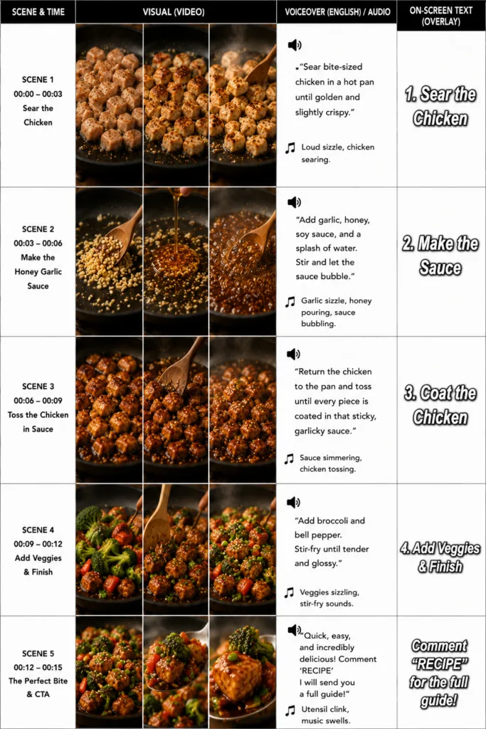 A multi-panel recipe storyboard showing a five-step cooking process for sticky garlic tofu with various vegetables like 