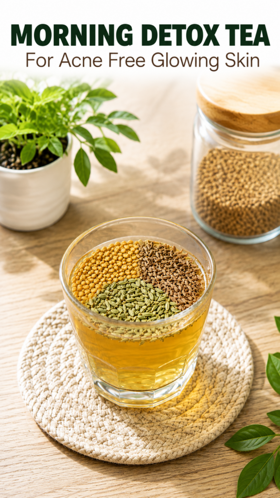 A refreshing glass of homemade detox tea topped with various seeds like mustard and fennel on a light wooden surface wit