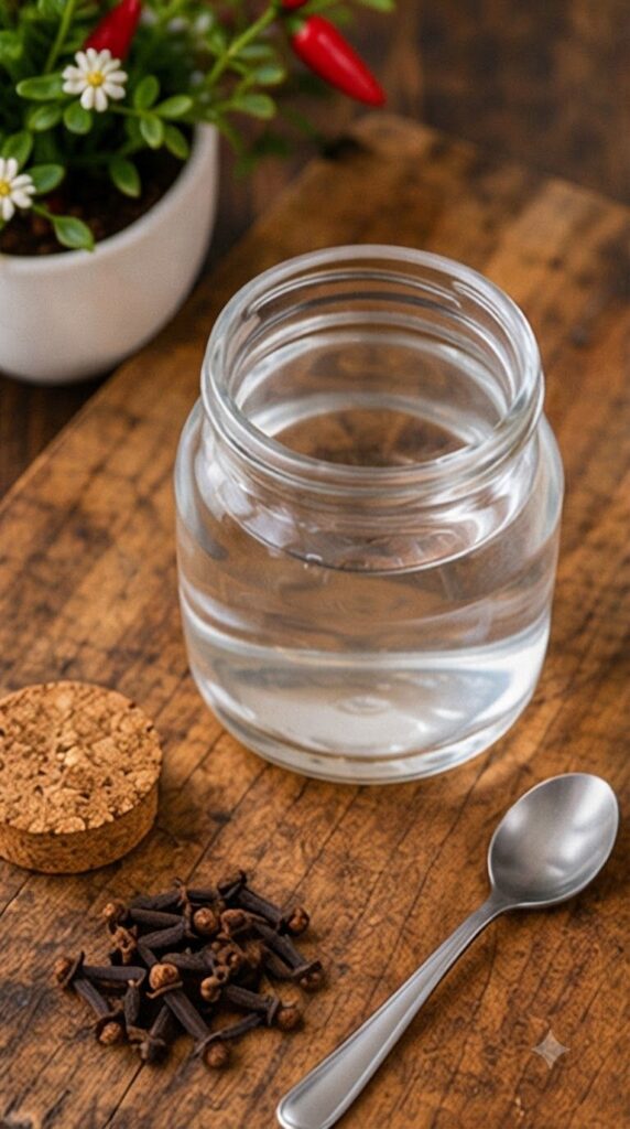 A close-up top-down view of a clear glass jar with a cork stopper filled with golden-amber infused clove water and float