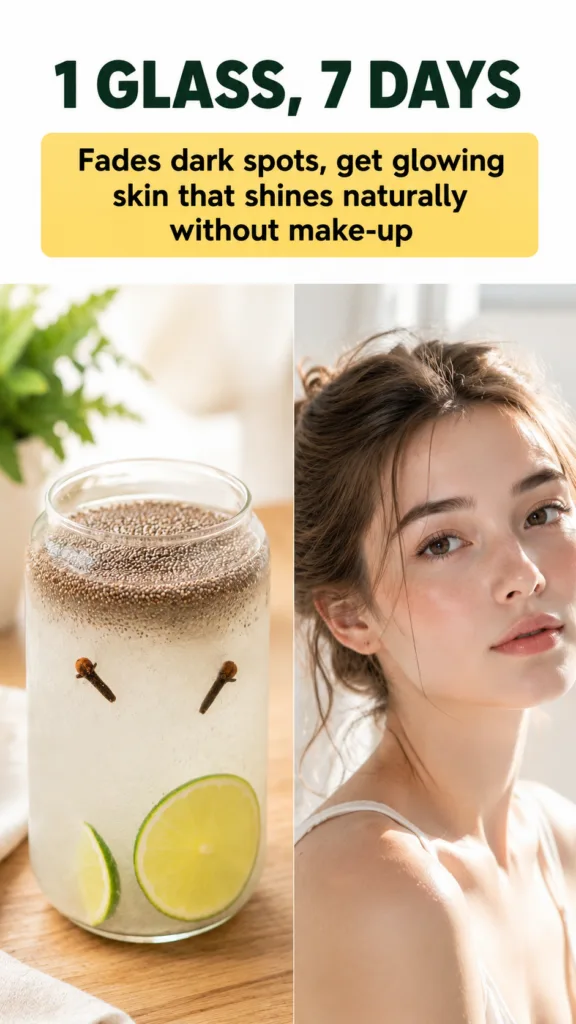 A split image showing 1 GLASS 7 DAYS and a banner Fades dark spots get glowing skin that shines naturally without make-u
