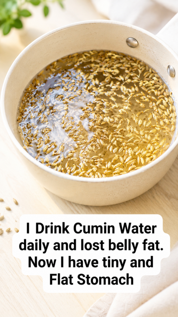 Overhead shot of a light-colored pot with water and golden cumin seeds floating resting on a light wooden table with sca