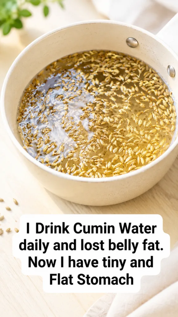 Overhead shot of a light-colored pot with water and golden cumin seeds floating resting on a light wooden table with sca