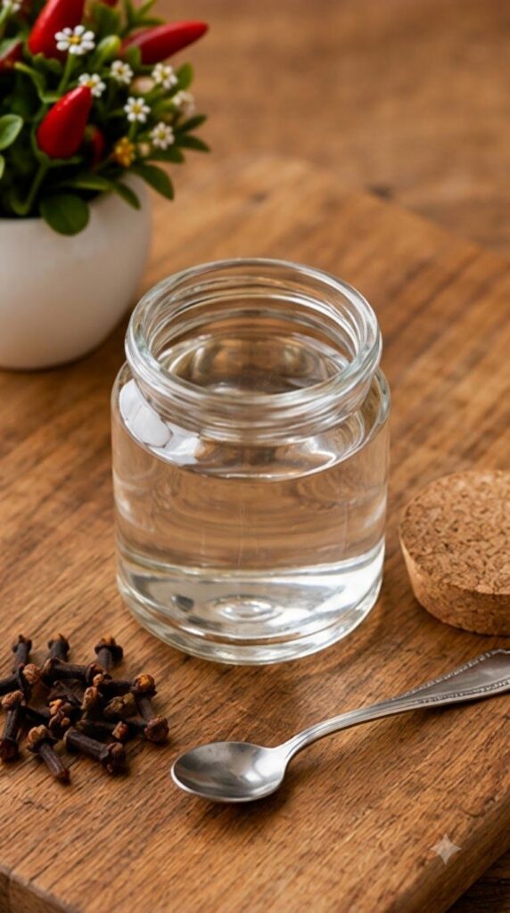 A top-down shot of a glass jar with water and whole cloves on a rustic wooden board ready for infusion
