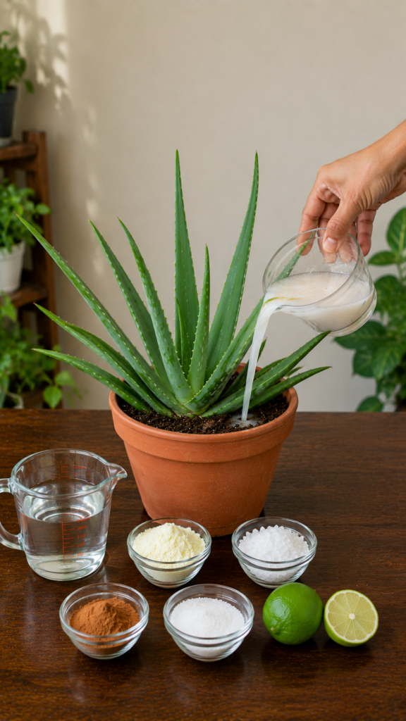 A hand pouring milky liquid from a glass pitcher into the soil of a large healthy potted aloe vera plant On a wooden tab