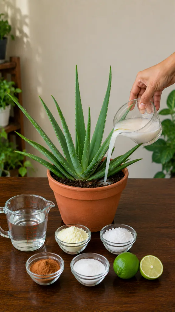 A hand pouring milky liquid from a glass pitcher into the soil of a large healthy potted aloe vera plant On a wooden tab