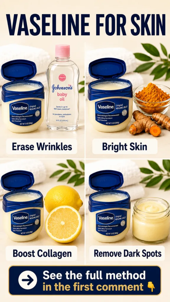 A four-panel grid showing various DIY skincare hacks Each panel features a jar of Vaseline alongside natural ingredients