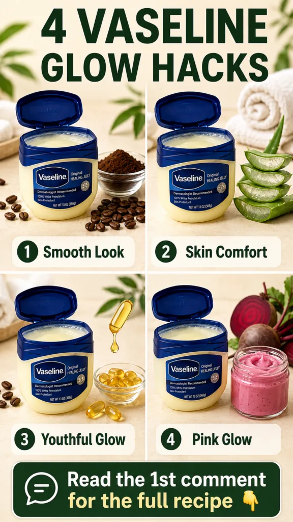 A grid showing four DIY beauty hacks with Vaseline featuring coffee grounds aloe vera vitamin E and beetroot