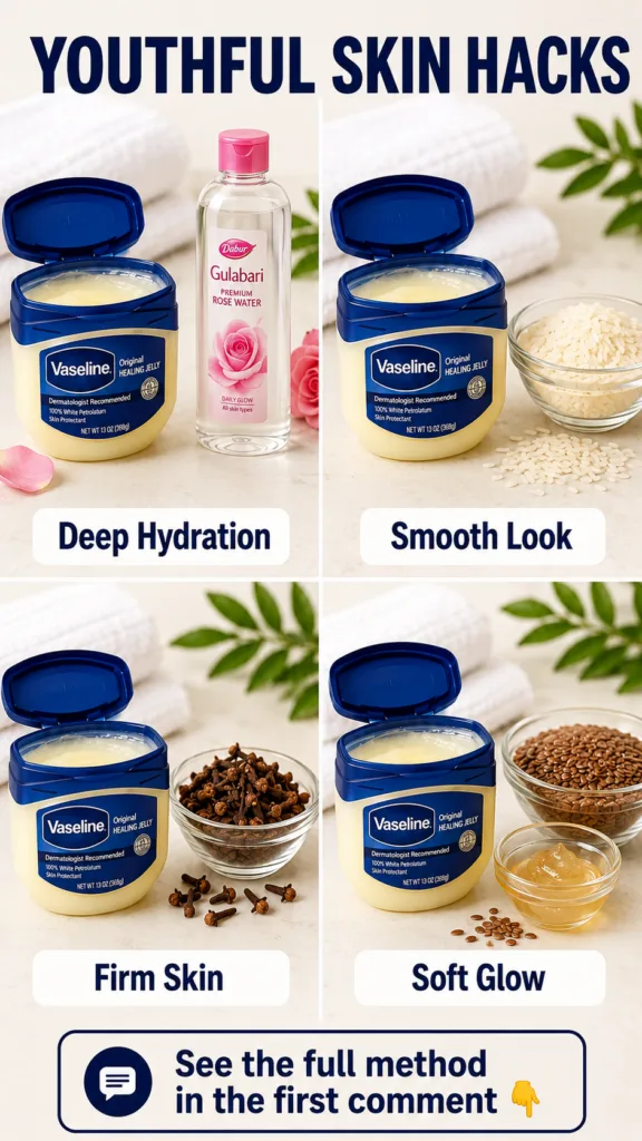 A 2x2 grid showcasing Youthful Skin Hacks using Vaseline and natural ingredients rose water for Deep Hydration rice for 