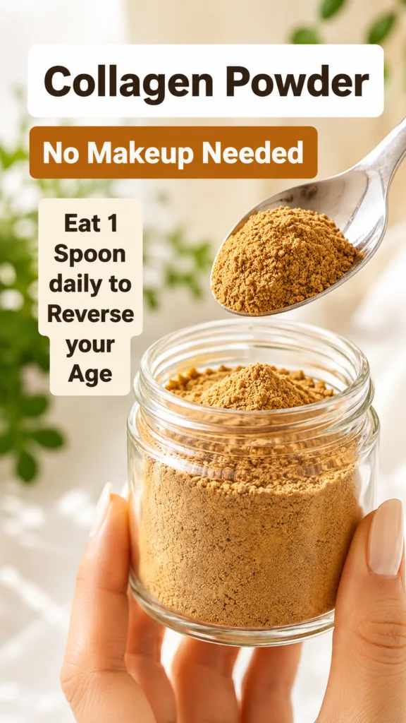 A hand holding a clear glass jar filled with golden-brown collagen powder with a silver spoon heaped with powder suspend