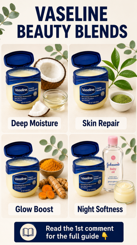 A vertical collage showcasing four different Vaseline Beauty Blends Each section features a jar of Vaseline Original Hea