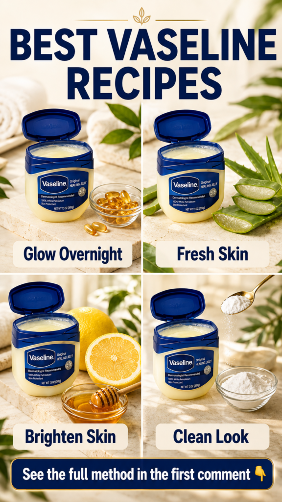 A 2x2 grid showing four different DIY Vaseline recipes with natural ingredients like vitamin E aloe vera lemon and honey