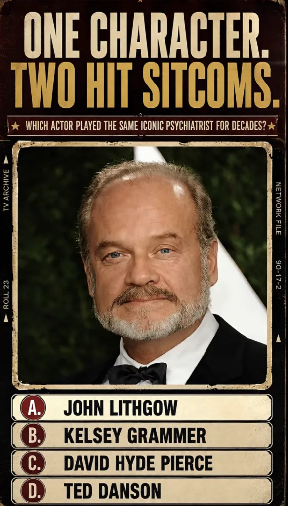 Quiz image featuring actor Kelsey Grammer with the question WHICH ACTOR PLAYED THE SAME ICONIC PSYCHIATRIST FOR DECADES 