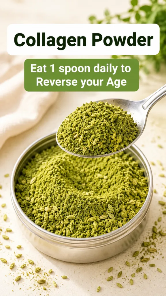 A metal spoon overflowing with vibrant green collagen powder suspended above a matching metal tin also filled with the p