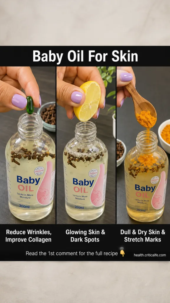A vertical triptych showing hands adding vitamin E turmeric and lemon juice into separate bottles of baby oil emphasizin