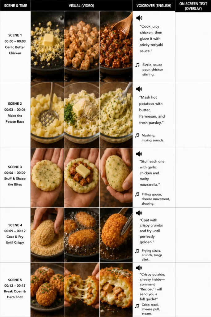 Multi-panel visual recipe guide showing steps to prepare Crispy Bites Cheesy Delights