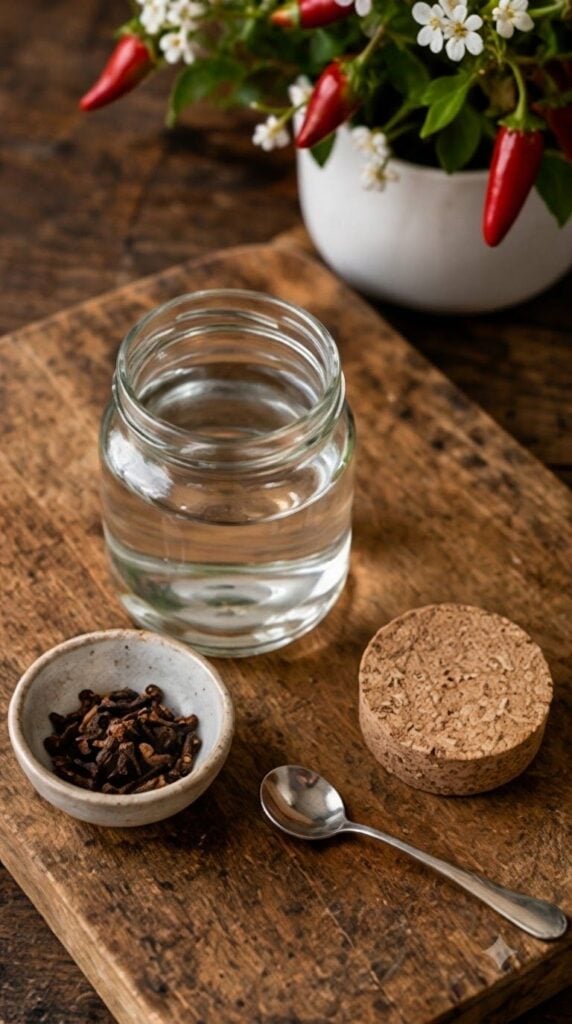 A glass jar with golden-amber clove-infused water and dried cloves at the bottom placed on a rustic wooden cutting board
