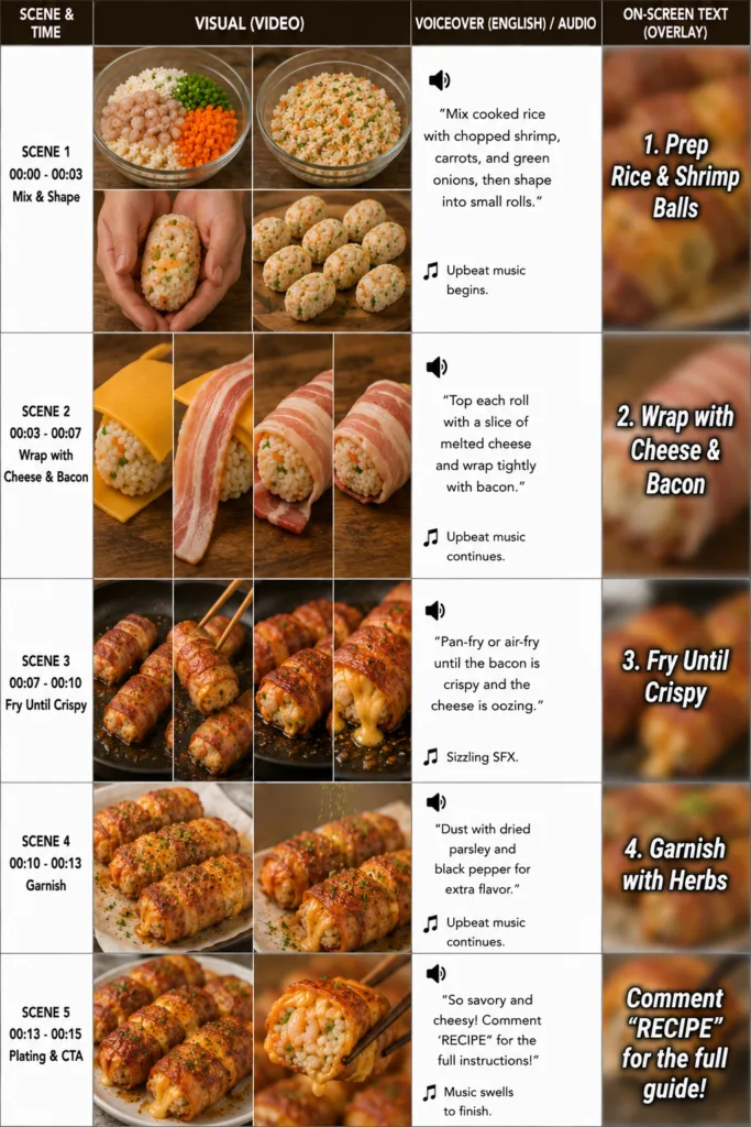 A multi-panel recipe infographic showing the step-by-step preparation of crispy vegan bacon and cheese rice balls from m