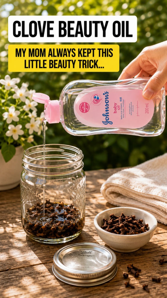 A hand pouring Johnson s baby oil into a mason jar containing cloves set on a rustic wooden surface outdoors with blurre