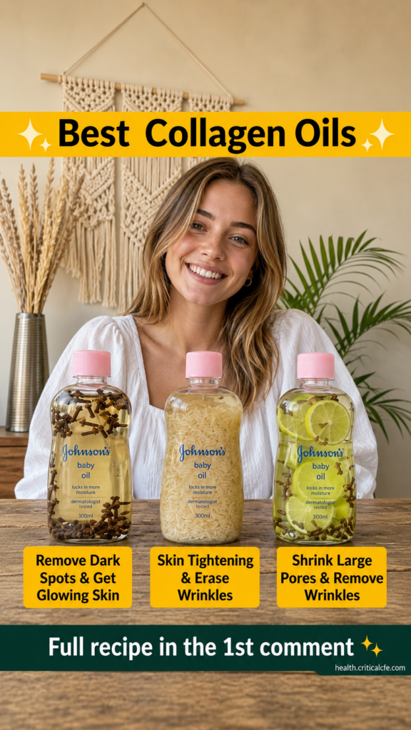 A smiling woman presenting three small bottles of homemade collagen oil infused with cloves rice and limes The setting i