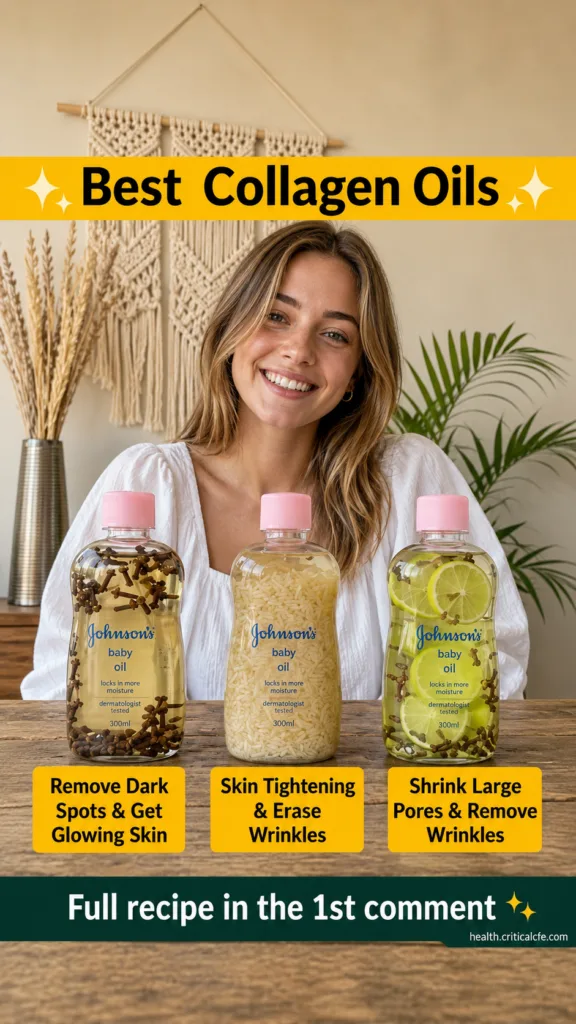 A smiling woman presenting three small bottles of homemade collagen oil infused with cloves rice and limes The setting i