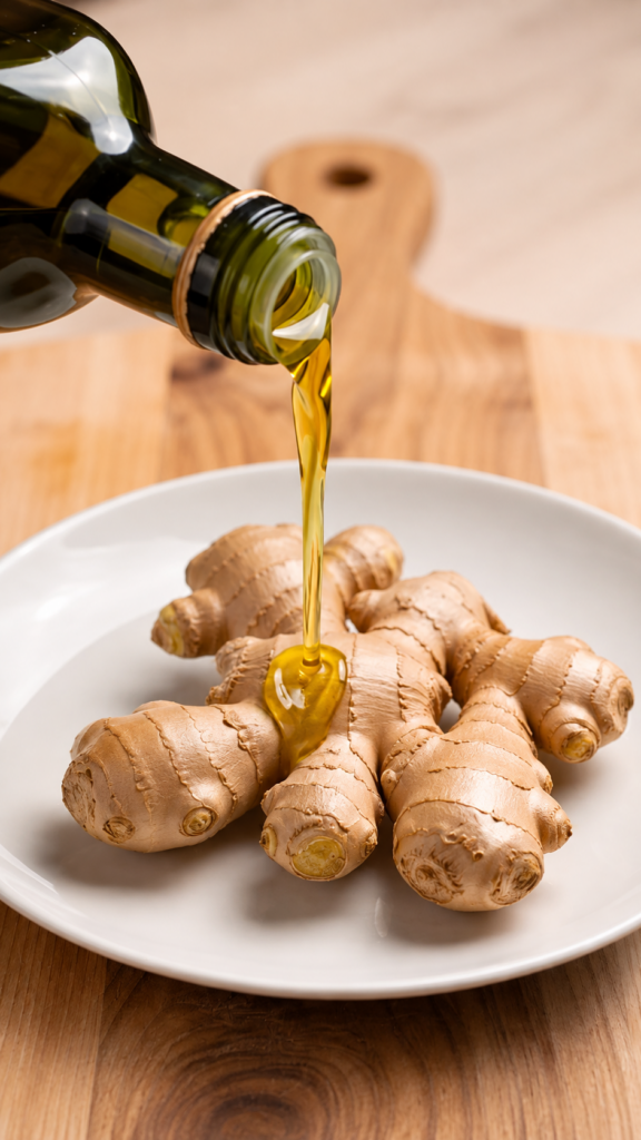 A dark green bottle pouring golden oil onto fresh ginger roots on a white plate with a blurred wooden surface and cuttin