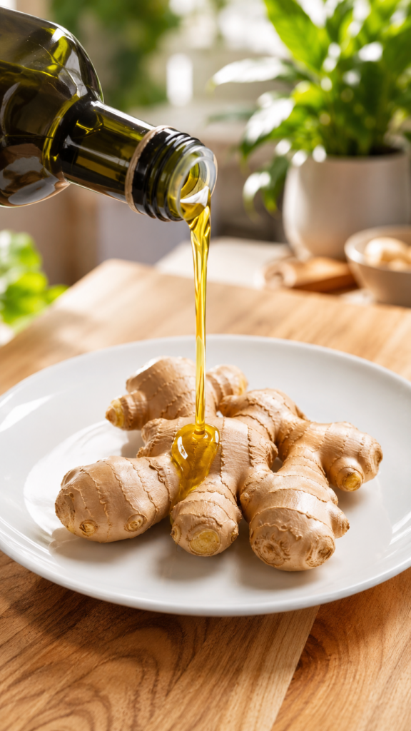 A dark green bottle pouring a golden liquid over several pieces of fresh ginger root arranged on a white plate The backg