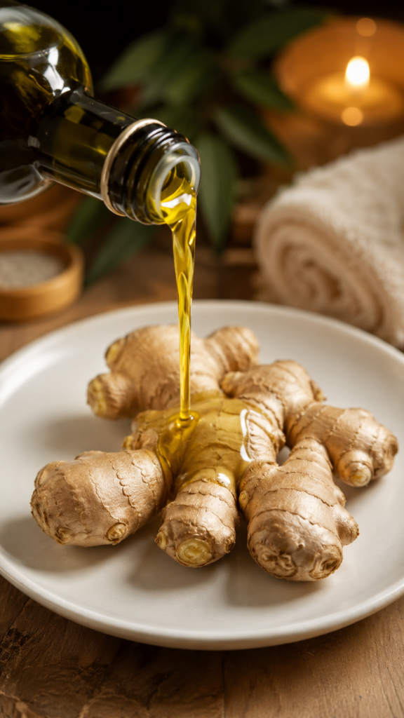 A bottle pouring golden oil onto a cluster of ginger roots on a white plate with a blurred background showing a flickeri