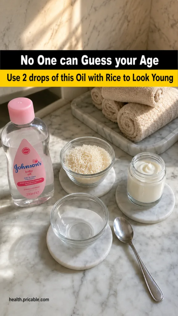 A flat lay of ingredients for a beauty regimen on a polished marble surface including a bottle of Johnson s baby oil a b