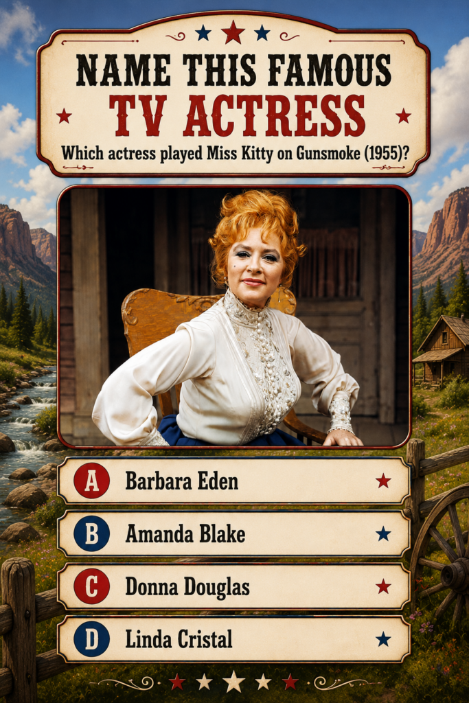 A retro-style trivia game with the question NAME THIS FAMOUS TV ACTRESS on a wooden sign featuring a framed photo of Ama