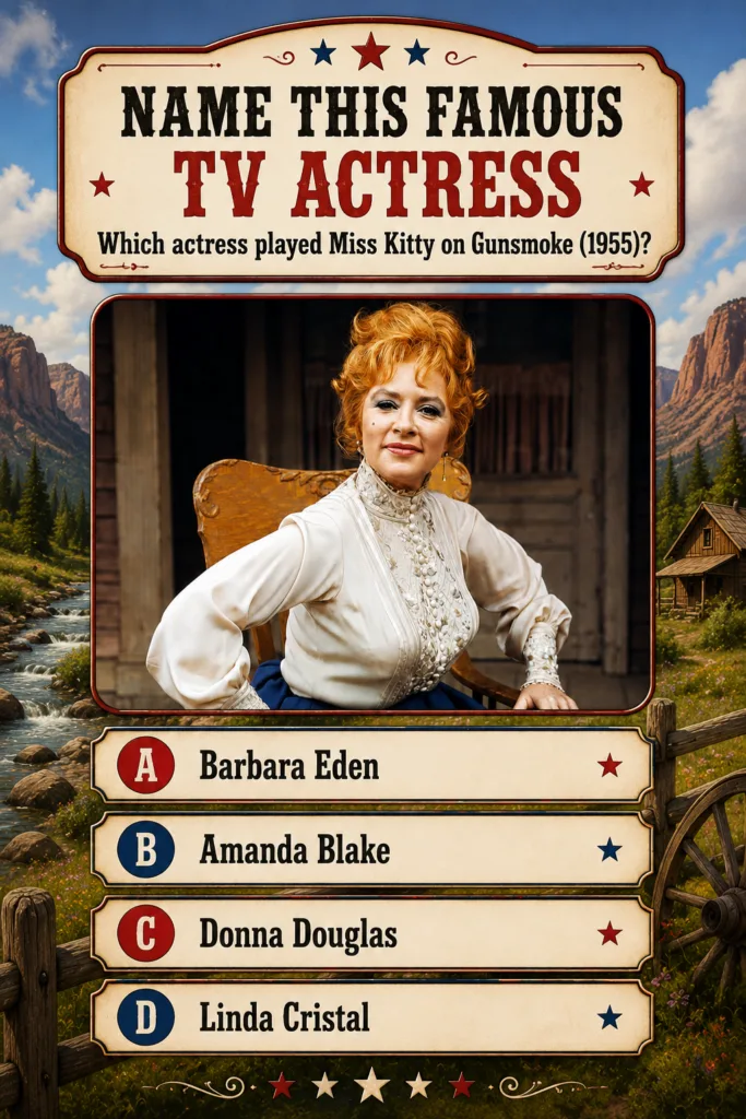 A retro-style trivia game with the question NAME THIS FAMOUS TV ACTRESS on a wooden sign featuring a framed photo of Ama