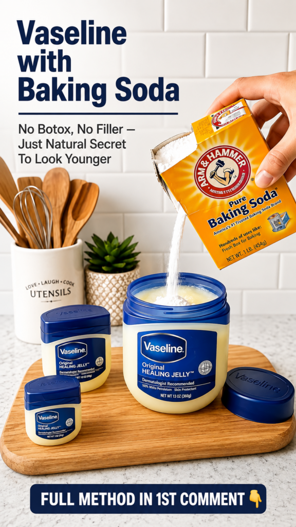 A hand pouring white baking soda into a large tub of Vaseline with other Vaseline tubs on a wooden board in a kitchen se